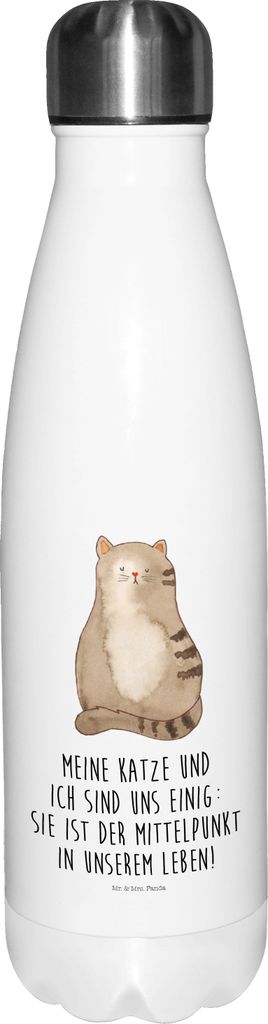 Mr. & Mrs. Panda Trinkflasche Katze Sitzen - Weiß - Geschenk, Thermosflasche, Wasserflasche, Cats, Katzen, Liebe, Cat, trinkflaschen, edelstahl is...