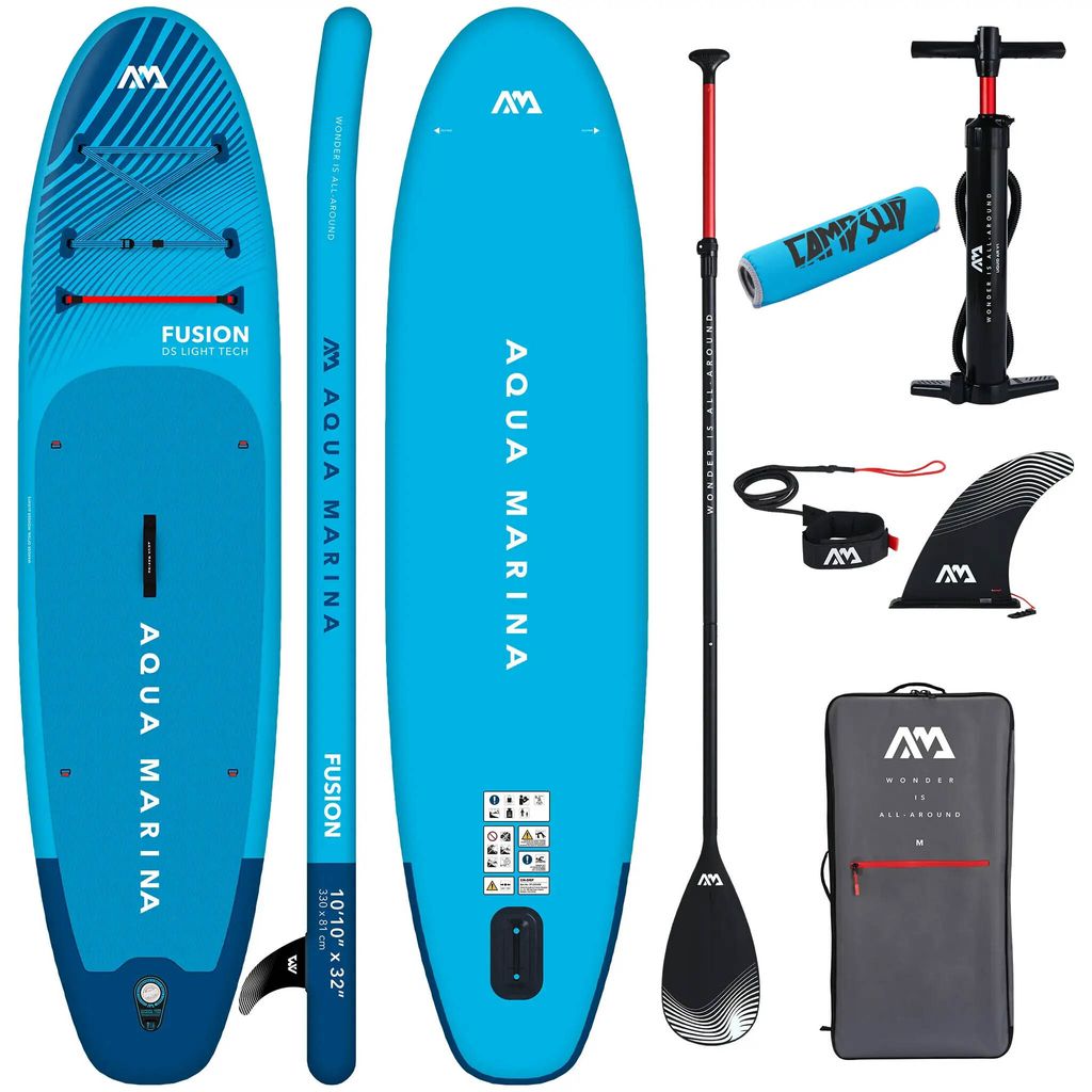 Aufblasbares SUP Aqua Marina Fusion 10’10” (330 cm) Blau – Set mit Zubehör + Boje für Paddel
