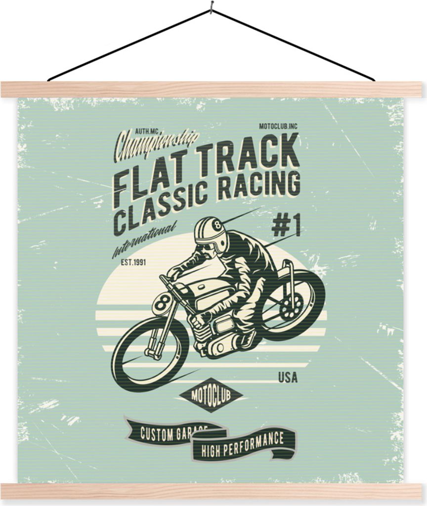 MuchoWow Textilposter Motorrad - Rennen - Retro 120x120 cm mit holzfarbenen Rahmen - Textil-Poster