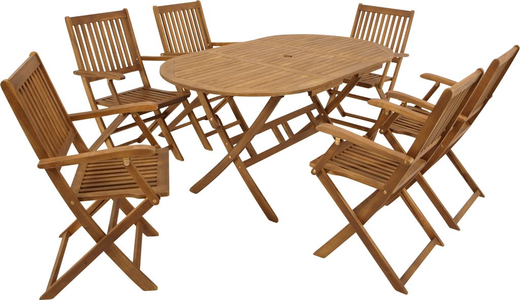 A wooden garden furniture set including an oval table and six chairs, displayed on a white background.