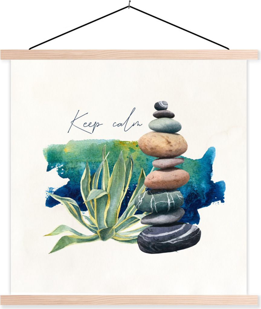 MuchoWow Textilposter Steine - Pflanzen - Meer 60x60 cm mit holzfarbenen Rahmen - Wanddekoration