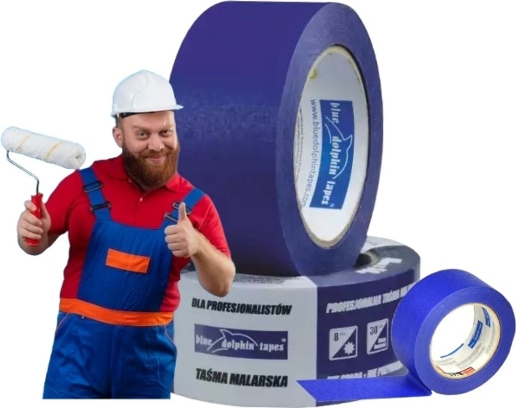 A painter holding a paint roller and giving a thumbs up, with rolls of blue painter's tape in the background.