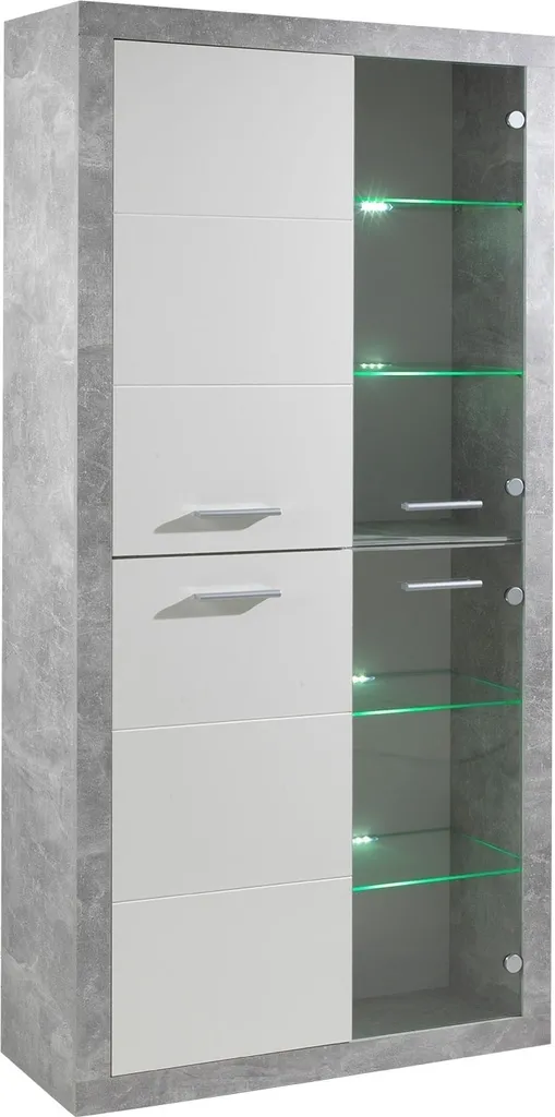 Vitrine Design 4 Portes Blanc Laqué et Béton avec Éclairage Intégré
