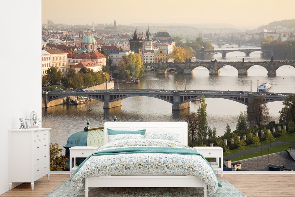 MuchoWow Fototapete für Wohnzimmer oder Schlafzimmer Wandtapete Vinyl Motivtapete Brücken - Prag - Nachmittag - 390x260 cm - Papiertapete