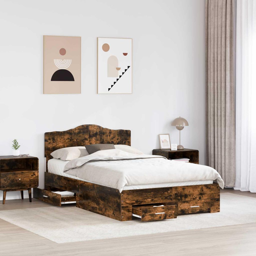 (Design 2026) Bettrahmen Geräucherte Eiche 135 x 190cm Holzwerkstoff - HOMMIE 985167 - Klassische BettenJugendbett Tagesbett