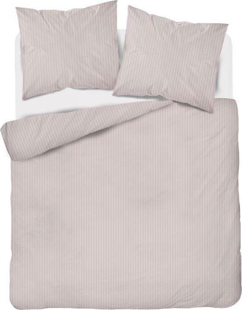 A top-down view of a pink striped duvet cover and two pillowcases laid out on a white surface.