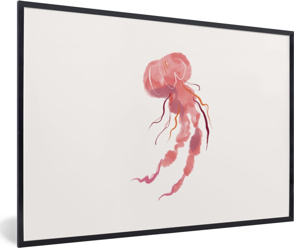 MuchoWow MuchoWow Gerahmtes Poster Quallen - Meerestiere - Rosa - Aquarell 90x60 cm - Poster mit zchwarzem Bilderrahmen - Fotorahmen - Foto-Plakat