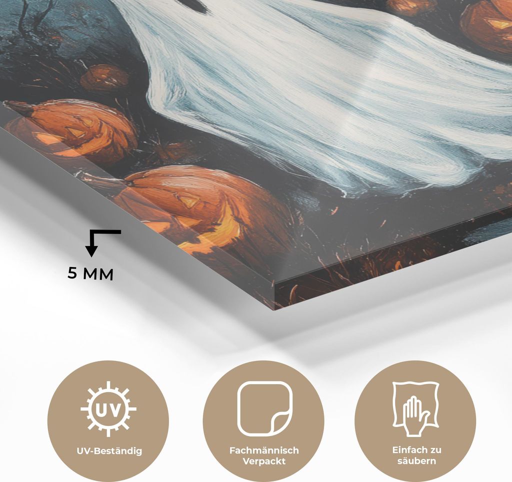 MuchoWow Glasbilder - Bilder auf Wandbild - Foto auf Glas Halloween - Spukhaus - Kürbis - Geist 80x60 cm Wanddekoration aus Glas - Acrylglasbild -...