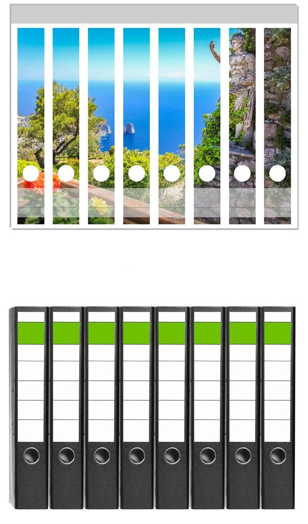 Wallario 8 Stück schmale Ordner inkl. Klebeetiketten mit Motive Mediterraner Ausblick - Set mit Rückenschildern / Ordnerrücken Stickern