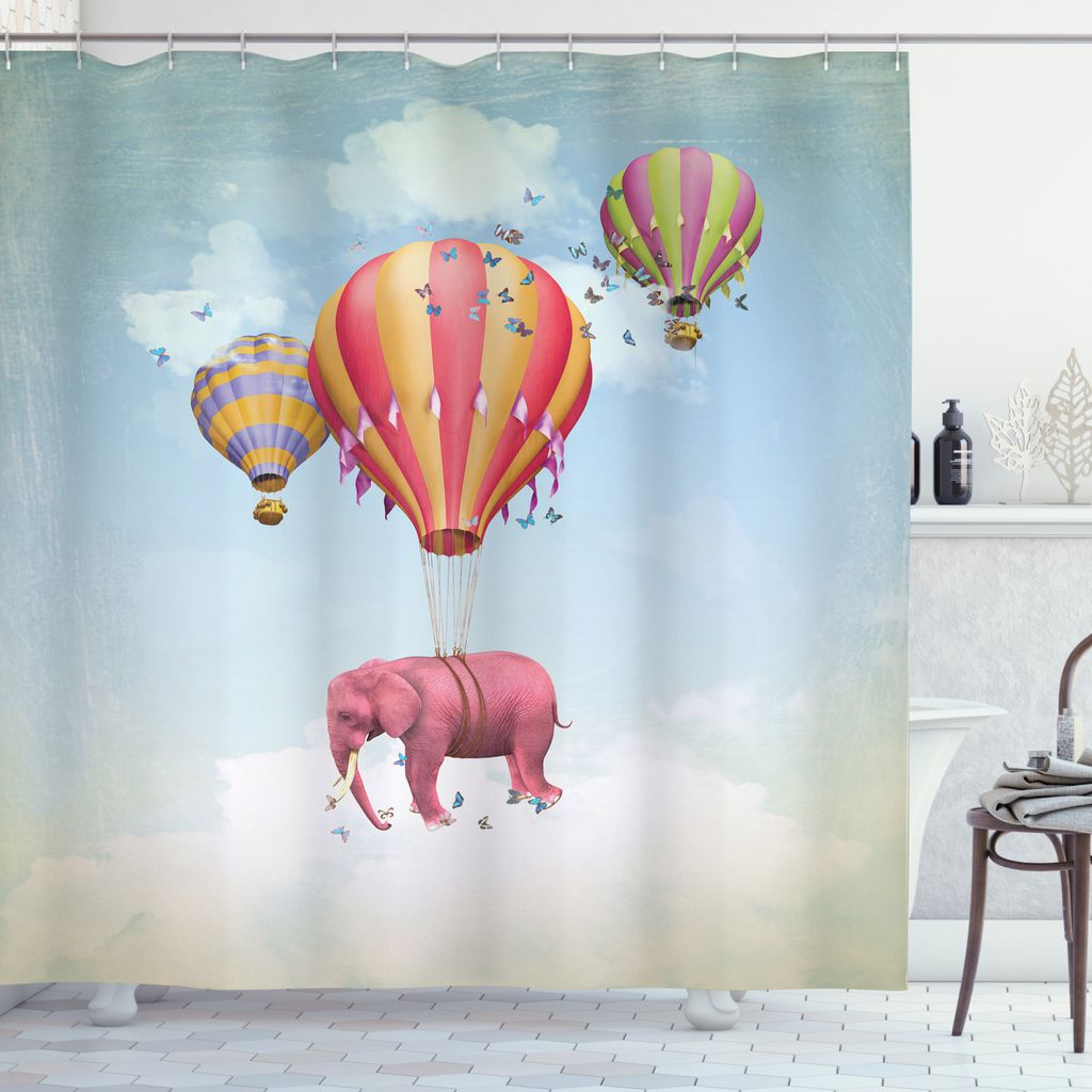 ABAKUHAUS Bunt Duschvorhang, Pink Elephant in Sky, Wasser Blickdicht inkl.12 Ringe Langhaltig Bakterie und Schimmel Resistent, 175 x 180 cm, Pink Blau