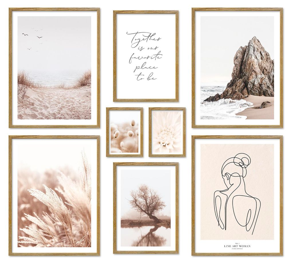 ARTFAVES Poster Set - Beige Harmony I mehrteilige Bilderwand für Wohnzimmer, Schlafzimmer I Wandbilder Beige I mit Rahmen Eiche-Optik