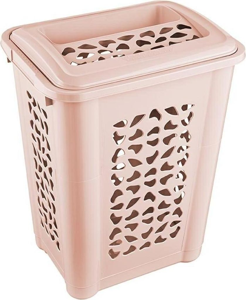 A light pink laundry basket with a lid, shown from a slightly elevated front-left angle against a white background.