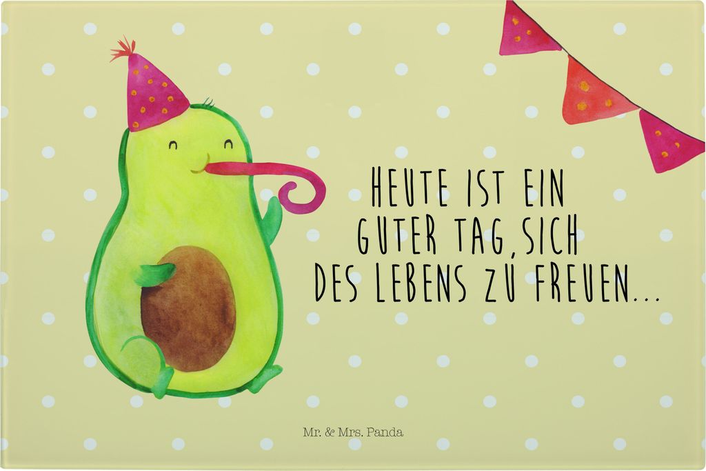 Mr. & Mrs. Panda Schneidebrett Glas Avocado Party - Gelb Pastell - Geschenk, Aus, Schneideplatte, Geburtstag, Happy Birthday, Hackbrett, Schneidbre...