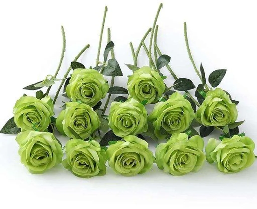 Roses artificielles aspect naturel vert - Pack de 12 tiges de 53 cm