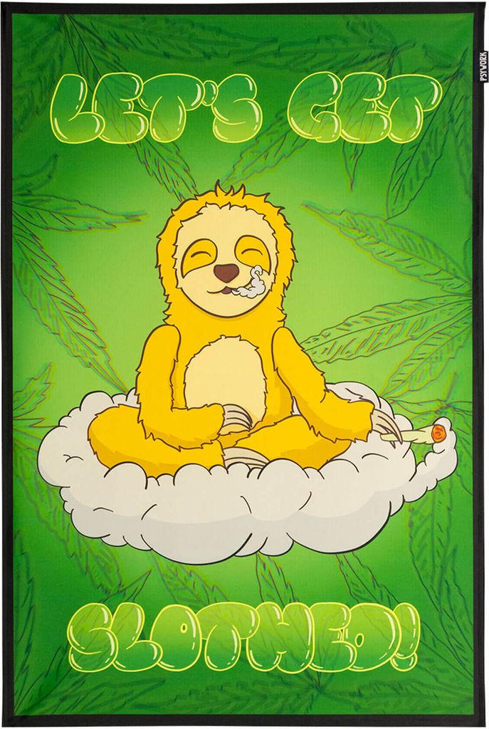 PSYWORK Schwarzlicht Stoffposter Neon "Faultier Joint Weed", 60x90cm