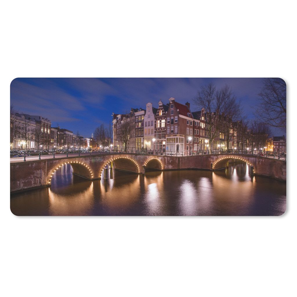 MuchoWow Mauspad Mousepad Amsterdam - Wasser - Nacht 60x30 cm - Mousepads - Maus Mat - Pad - Mausunterlage - Nachhaltig