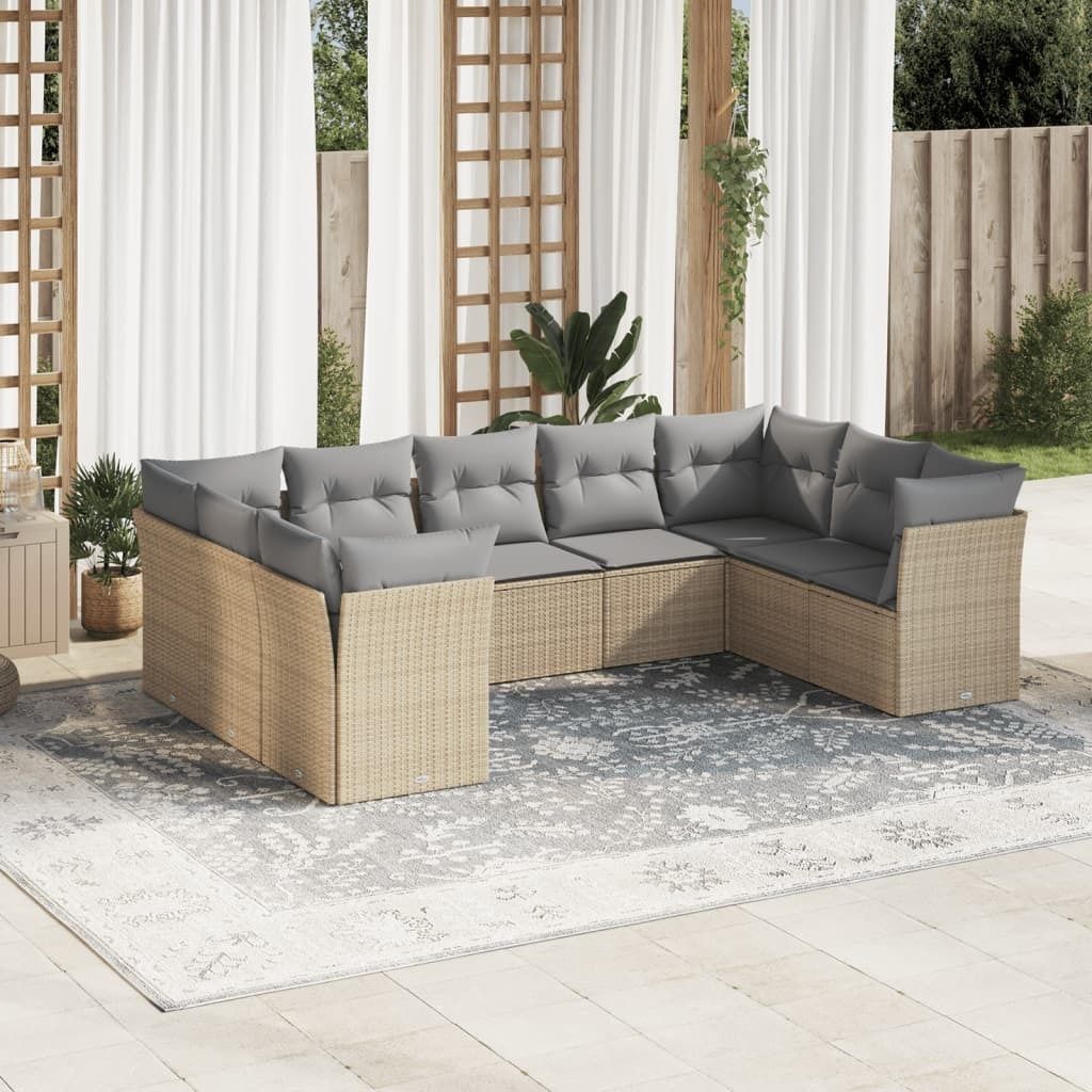Schlichtes 9-tlg. Garten-Sofagarnitur,Lounge-Gartenmöbel, Gartensofa Set mit Kissen Beige Poly Rattan DE4002