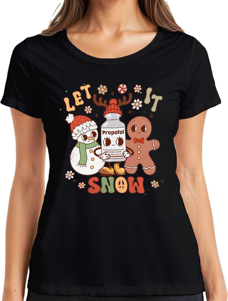 Let It Snow Propofol Schneemann Lebkuchenmann niedlich Damen T-Shirt, Schwarz, M