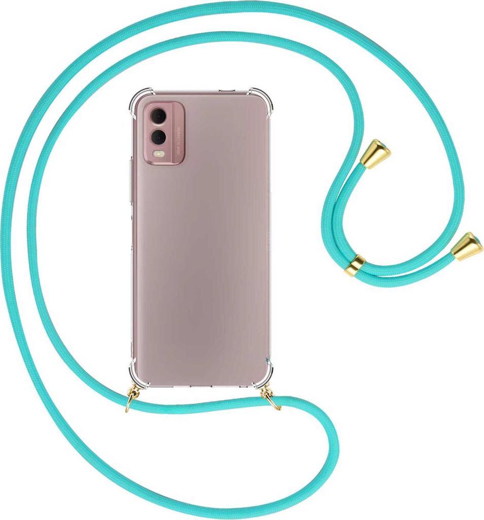 Handykette Backcover-Schutzhülle mit Band (Metall goldfarben) für Nokia C32 4G (6.5'') - türkis
