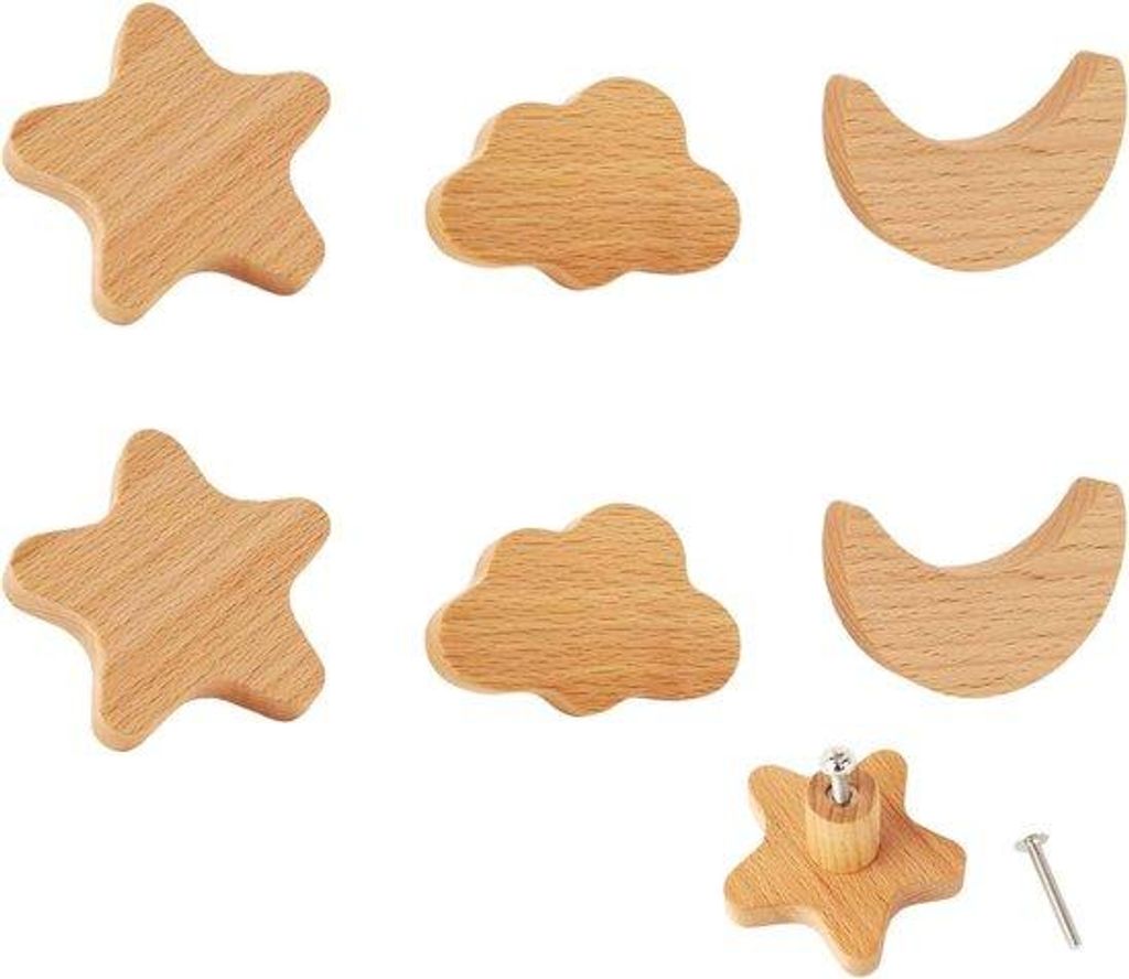 Massivholz-Kastknöpfe, 6 Stück, Stern, Mond, Wolken, Holzknöpfe für Kinder, Naturdekoration, Kast- und Schubladenknöpfe