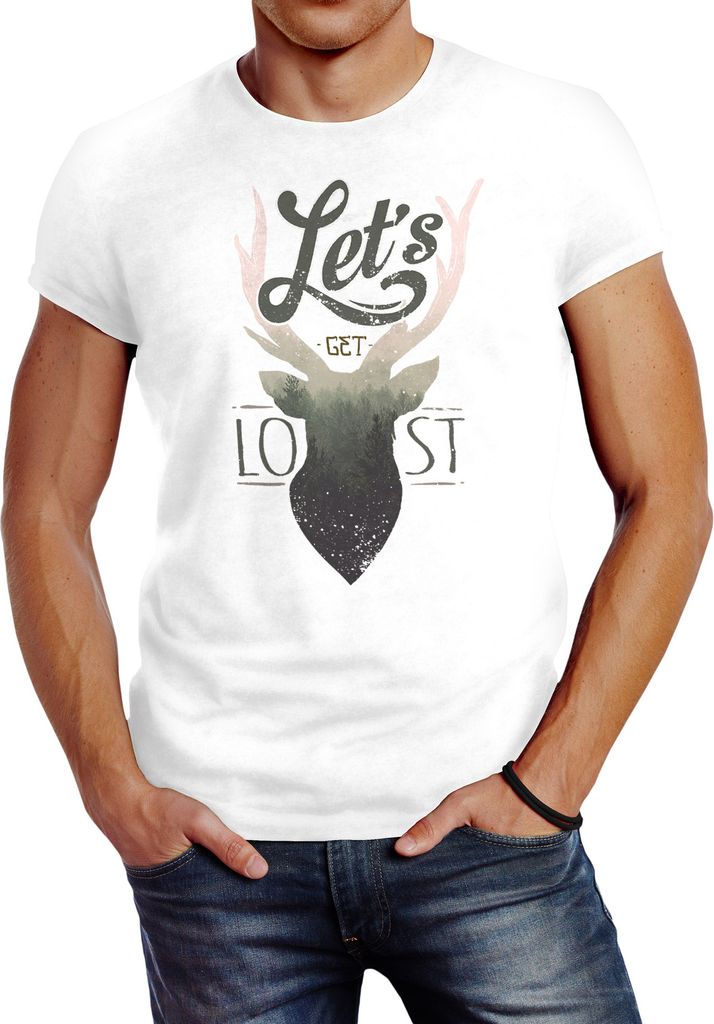 Herren T-Shirt Hirsch Geweih Kopf Deer - Let`s get lost - Adventure Neverless weiß-olivgrün 4XL
