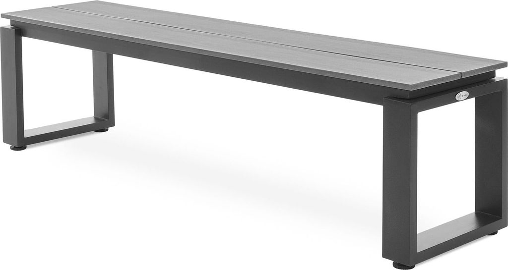 A gray and black garden bench on a white background.