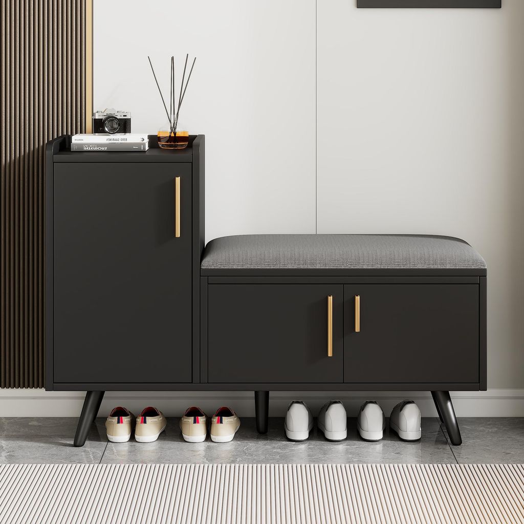 Moderne Schuhbank Schuhtruhe Sitzbank mit drei Stauraumtüren, Mit asymmetrischen Metallgriffen und mehreren Ebenen zur Aufbewahrung - B100/T34/H69 cm