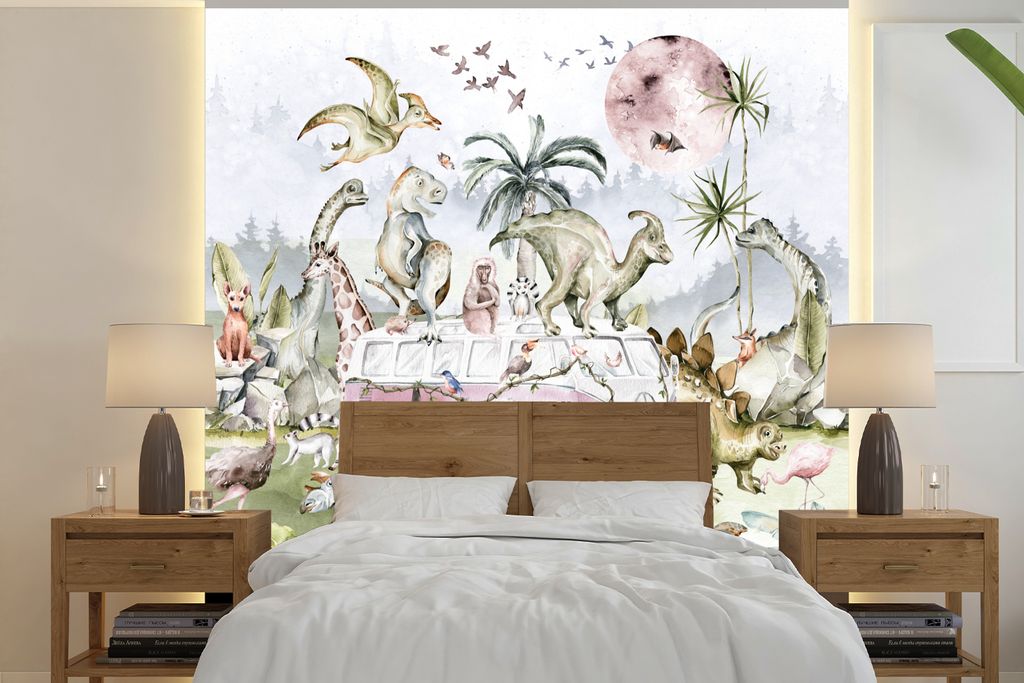 MuchoWow Fototapete für Wohnzimmer oder Schlafzimmer Wandtapete Vinyl Motivtapete Dinosaurier - Kinder - Bus - Bäume - Tiere - Kinder - 350x350...