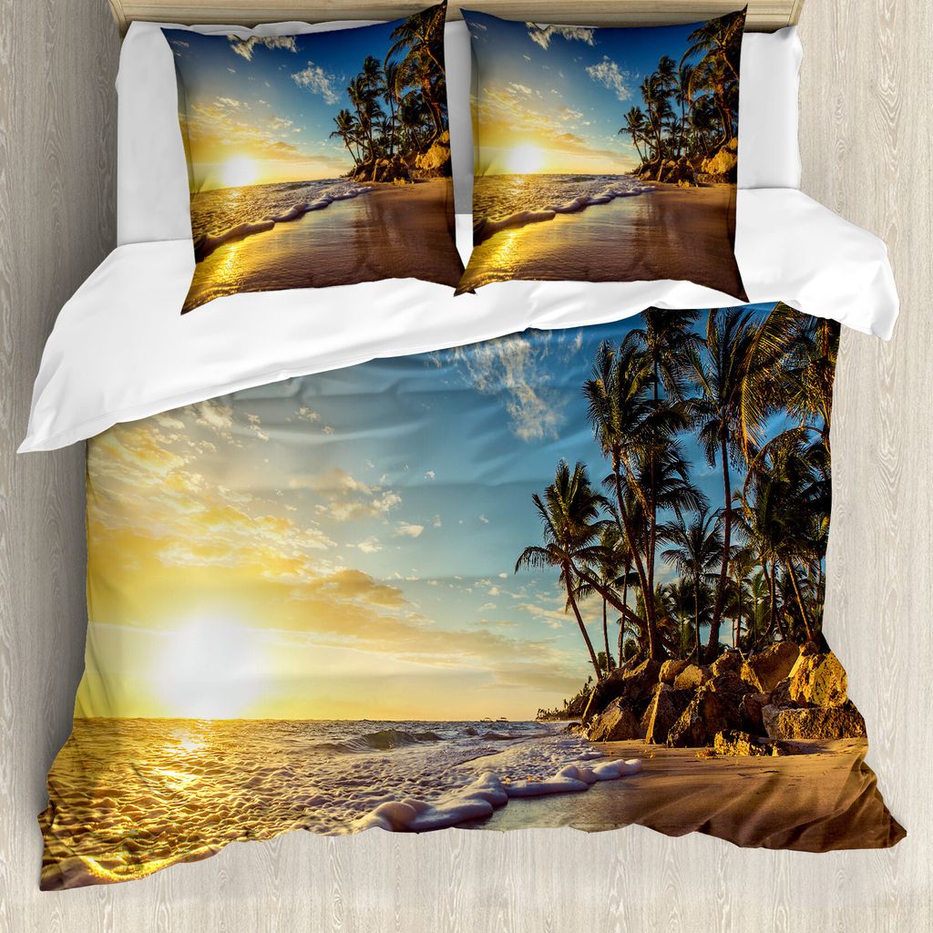 ABAKUHAUS Bunt Bettbezugs Set Für Doppelbetten, Exotischer Strand Sonnenuntergang, Milbensicher Allergiker geeignet mit Kissenbezügen, Multi
