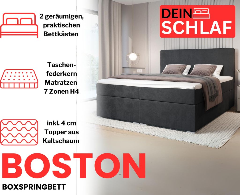 Boxspringbett BOSTON 160x200 cm Velour Kronos 34 Anthrazit Produktbild 3