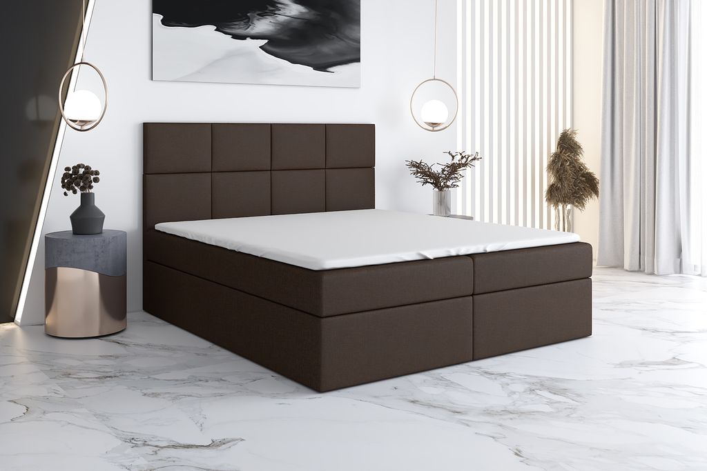 Boxspringbett LION 200x200 mit 2 Bettkästen, Bonell-Matratze und Topper. Farbe: Braun.