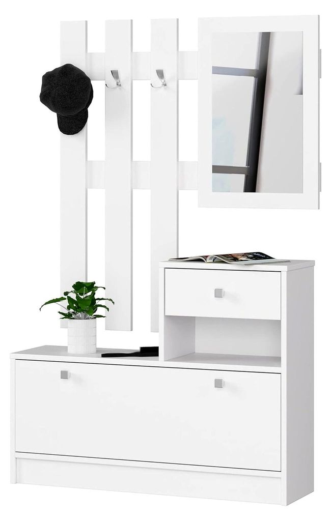 Garderoben-Set, 2-teilig, Schuhkommode mit Aufsatz und Schublade B25 x H170 x T90 cm sowie Wandgarderobe mit Spiegel B90 x H100 cm, Gewicht 39 kg