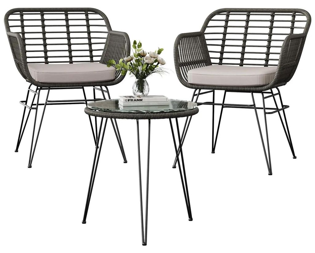 Outdoor Rattan Sitzgruppe - 3-teiliges Bistro Gartenmöbel Set - 2 Stühle + Tisch - Metallgestell - Wetterfest - Grau