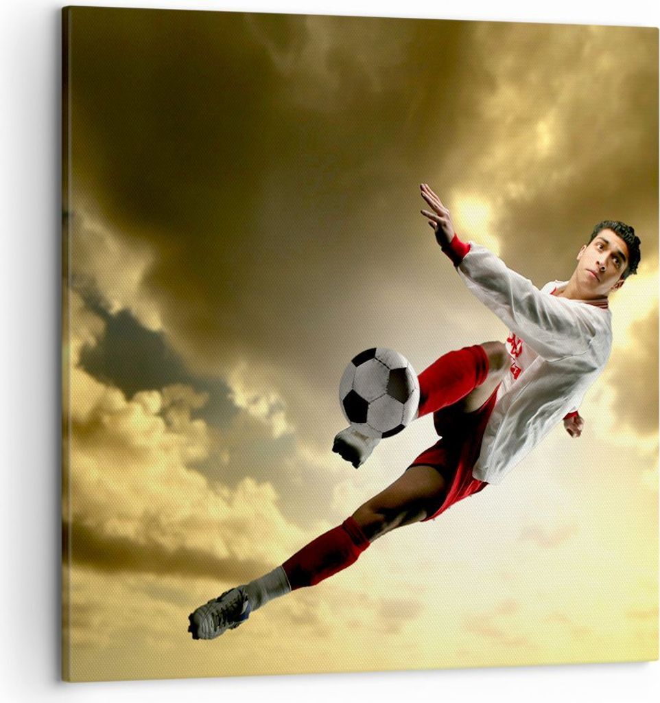 Bild auf Leinwand - Leinwandbild - Ball Junge Fußball Training - 50x50cm - Wand Bild - Wanddeko - Leinwanddruck - Bilder - Kunstdruck - Wanddekora...