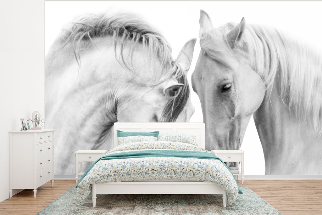 MuchoWow Fototapete für Wohnzimmer oder Schlafzimmer Wandtapete Vinyl Motivtapete Pferd - Tiere - Porträt - Weiß - 375x280 cm - Schlafzimmer t...