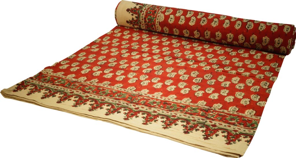 Blockdruck Tagesdecke, Bett & Sofaüberwurf, Handgearbeiteter Wandbehang, Wandtuch - Design 31, Rot, Baumwolle, Größe: Single 150*200 cm