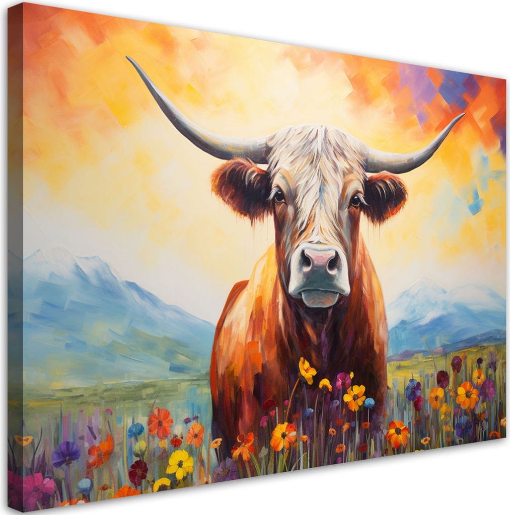 Leinwandbild Highland-Kuh Blumen 60x40 Feeby Braun bild für die wand bereit zum aufhängen