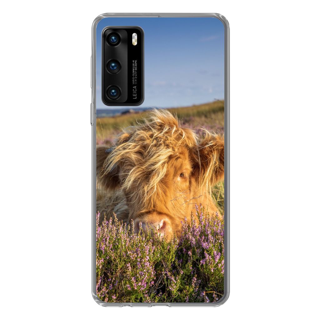 MuchoWow Handyhülle Schutzhülle Hülle für Huawei P40 Schottische Highlander - Heide - Gras - Tiere Silikon Softcase Handy Hülle - Handytasche