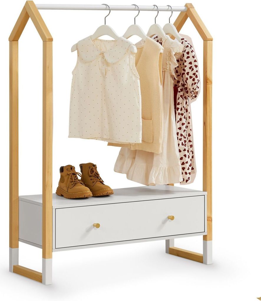 Juskys Kinder Kleiderständer Filla mit großer Schublade - Holz Kindergarderobe Weiß