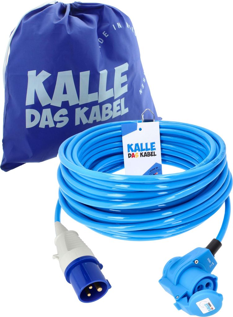 KALLE DAS KABEL CEE PUR Verlängerungskabel H07BQ-F 3G 2,5 mm² 25 Meter Stecker mit Sicherungsöse + Winkelkupplung mit SCHUKO-Steckdose 230 V 16A...