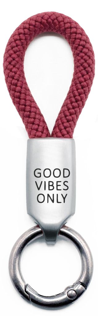 GIPFELWELLE Handgemachter Edelstahl Schlüssel Anhänger mit Gravur Kette Ring Paracord 6 mm Segeltau, Damen Herren, Good Vibes Only, Weinrot, Silber