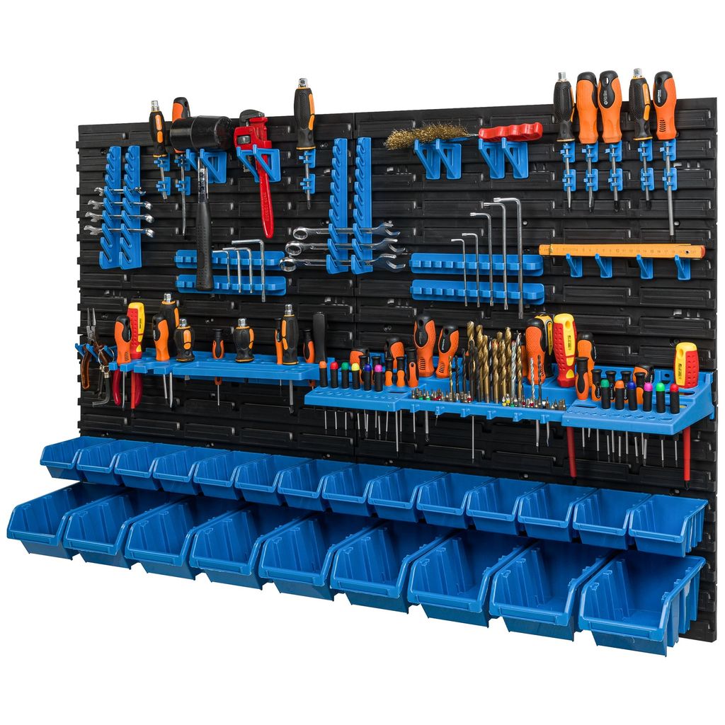 A wall-mounted tool organizer with various tools and storage bins.