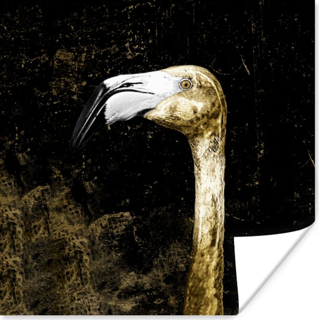 MuchoWow Poster Flamingo - Vogel - Blätter - Gold 75x75 cm - Wand Dekoration