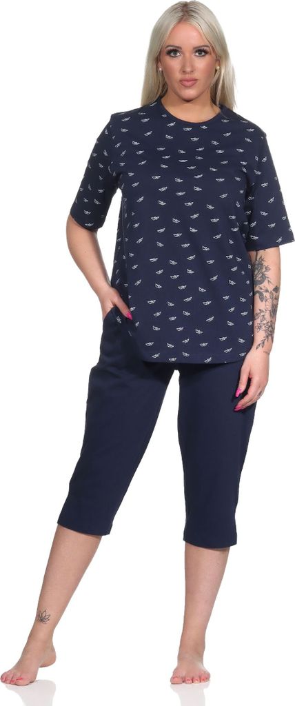 Damen kurzarm Schlafanzug mit Caprihose Pyjama in maritimer Optik - auch in Übergrössen ; marine , 56-58
