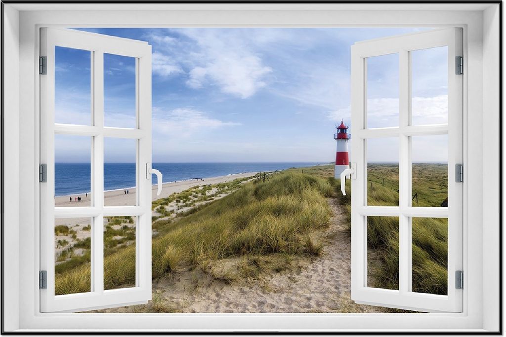 Wallario Wandbild mit Fenster-Illusion: Am Strand von Sylt Leuchtturm auf der Düne Panorama, Größe: 61 x 91,5 cm, Poster mit schwarzem Aluminium...
