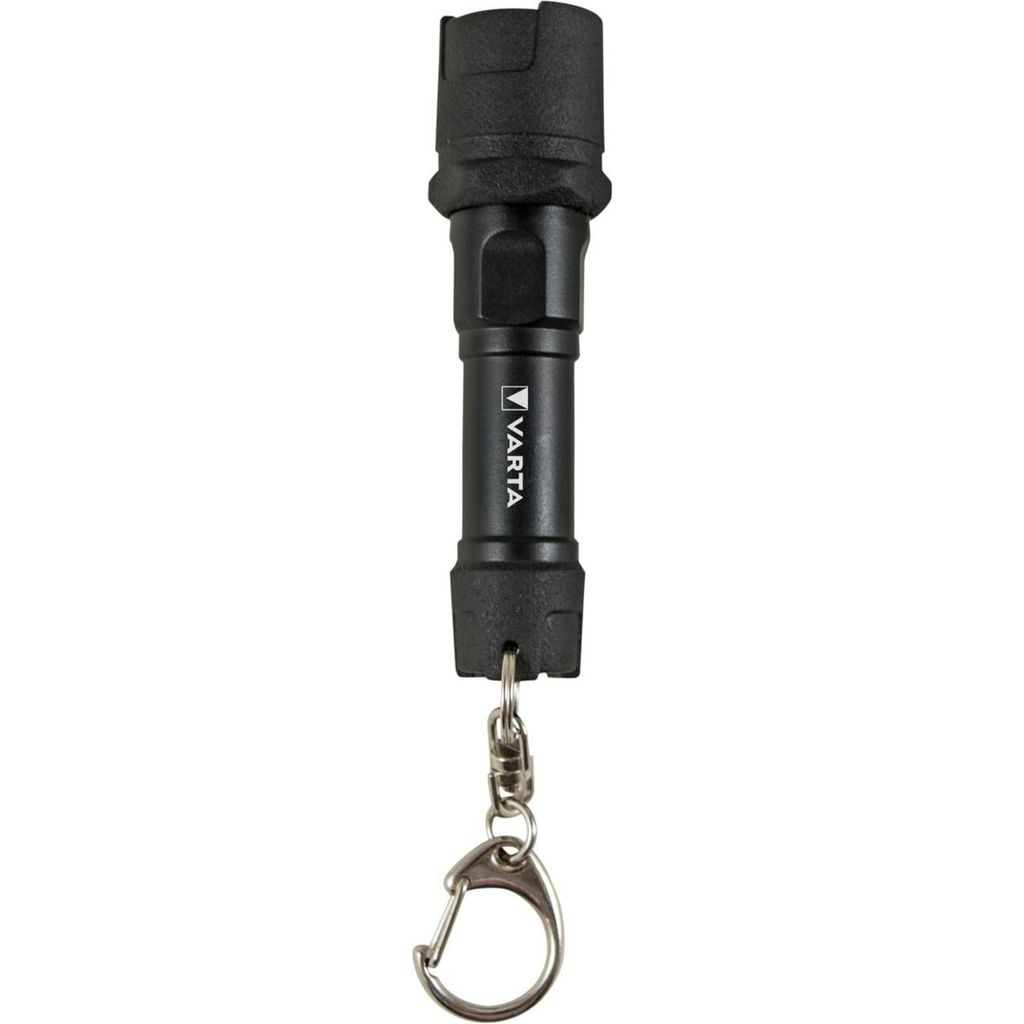 A black VARTA keychain flashlight is shown against a white background.