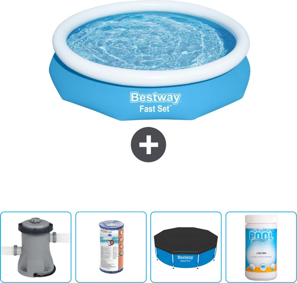 Bestway runder aufblasbarer Fast-Set-Schwimmpool – 305 x 66 cm – Blau – inklusive Pumpe Filter - Abdeckung - Chlor