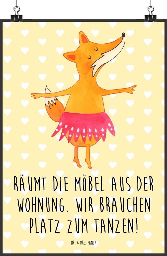 Mr. & Mrs. Panda Bild Fuchs Ballerina DIN A2 - Gelb Pastell - Geschenk, wandkunst, Wandbild, Geburtstag, Party, Kunstdruck, drucke, Feier, Tanzen, ...