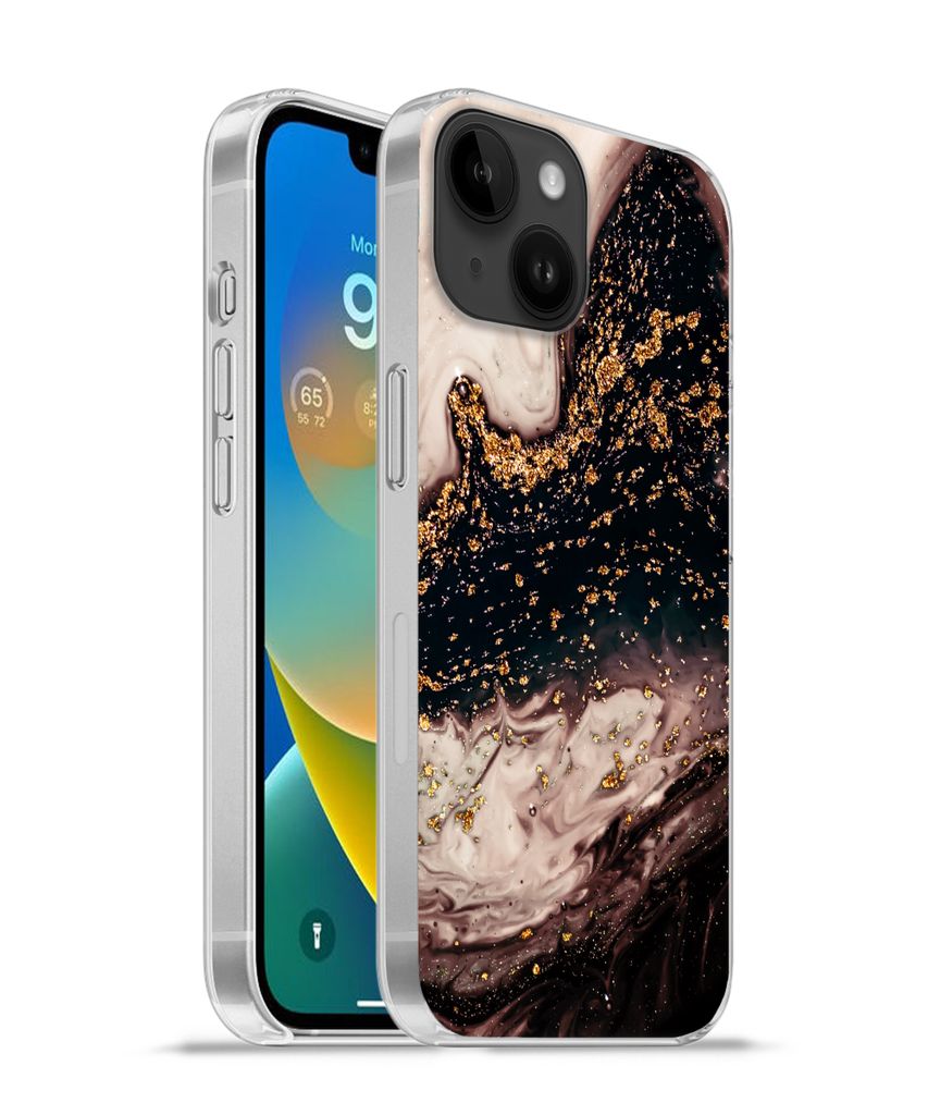 MuchoWow Handyhülle Schutzhülle Hülle für Apple iPhone 14 - Softcase Naturstein - Gold - Schwarz Silikon Softcase Handy Hülle - Mobiltelefon...