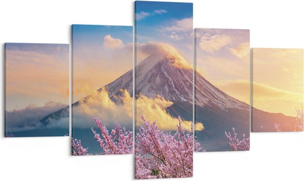 Bild auf Leinwand - Leinwandbild - 5 Teile - Fuji Blume Kirsche - 125x70cm - Wand Bild - Wanddeko - Wandbilder - Leinwanddruck - Bilder - Wanddekor...